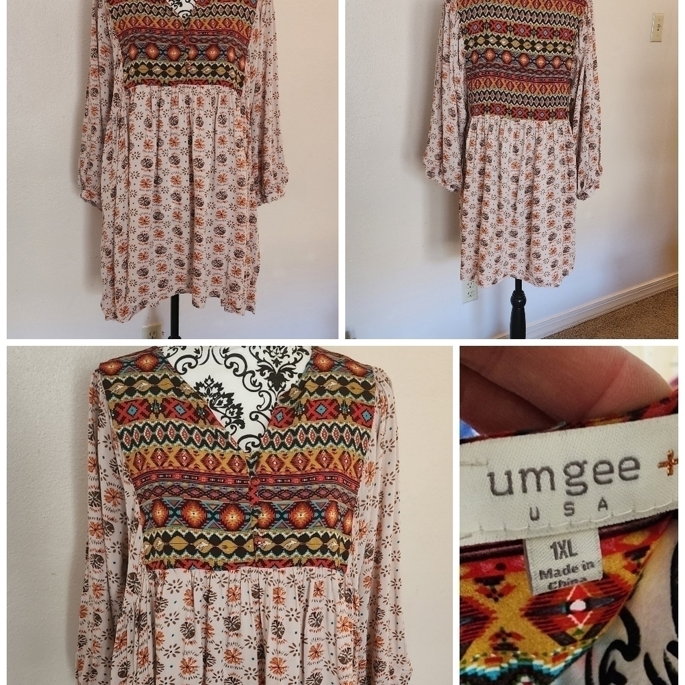 Plus Size Aztec Print Peasant Top by Umgee Like New 1X